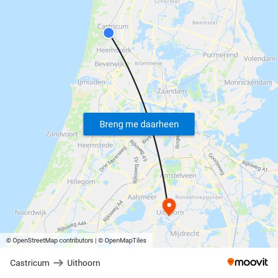 Castricum to Uithoorn map