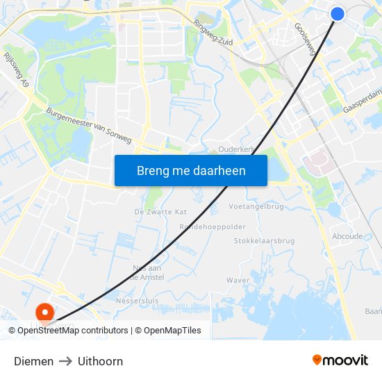 Diemen to Uithoorn map