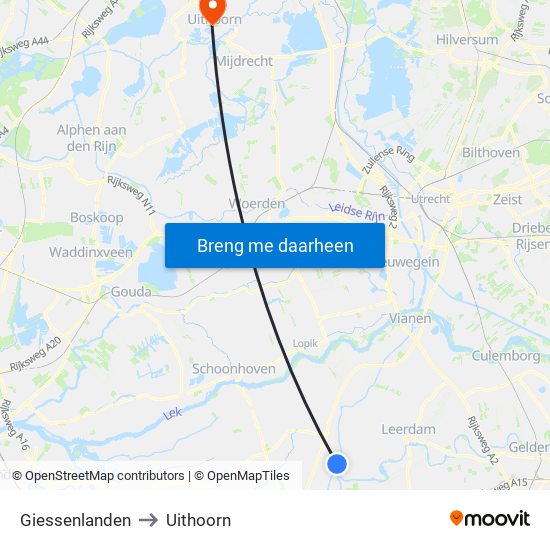 Giessenlanden to Uithoorn map