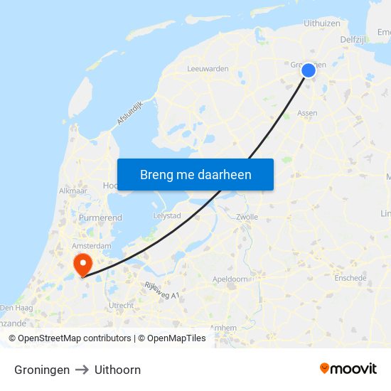 Groningen to Uithoorn map