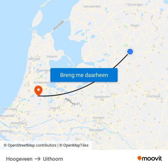 Hoogeveen to Uithoorn map