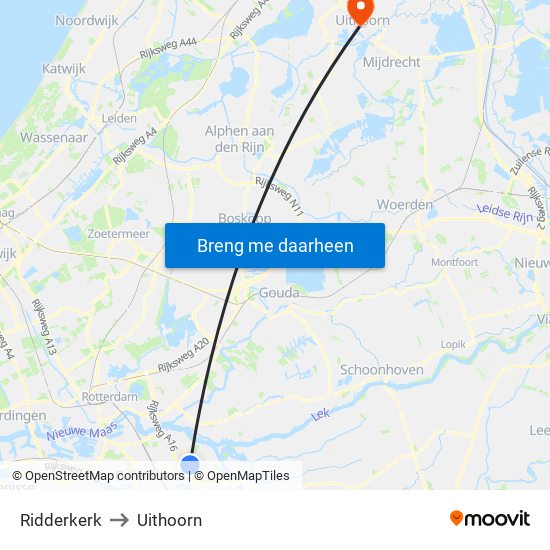 Ridderkerk to Uithoorn map