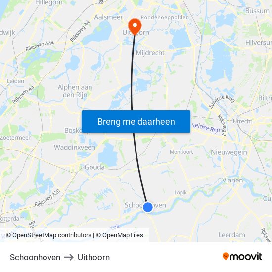 Schoonhoven to Uithoorn map