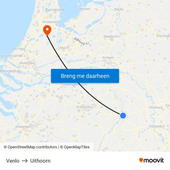 Venlo to Uithoorn map