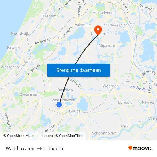 Waddinxveen to Uithoorn map