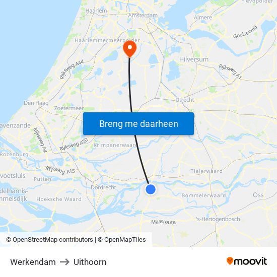 Werkendam to Uithoorn map