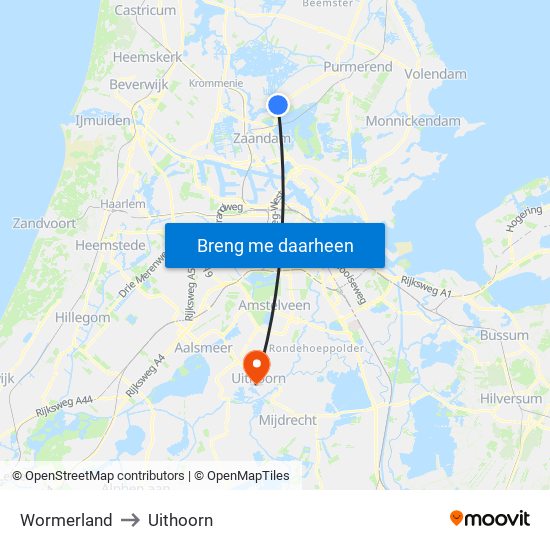 Wormerland to Uithoorn map