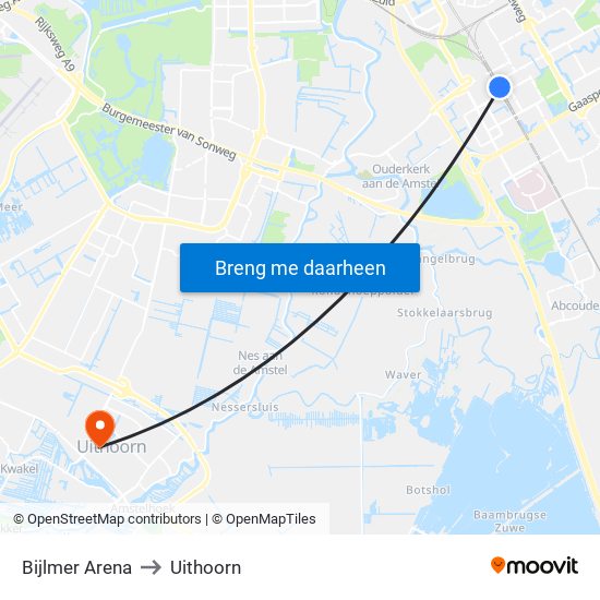 Bijlmer Arena to Uithoorn map