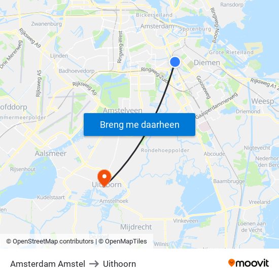 Amsterdam Amstel to Uithoorn map