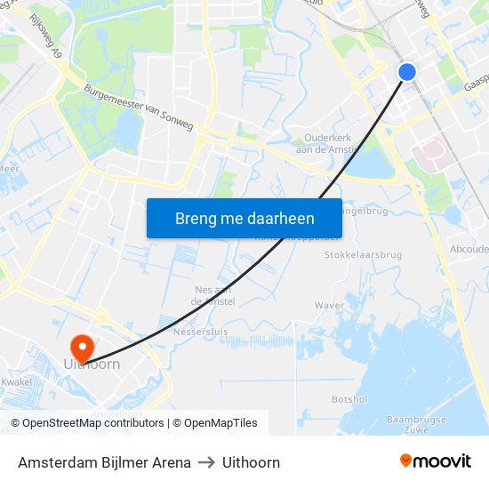 Amsterdam Bijlmer Arena to Uithoorn map