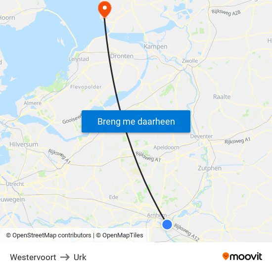 Westervoort to Urk map