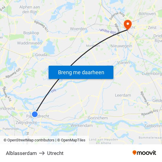 Alblasserdam to Utrecht map