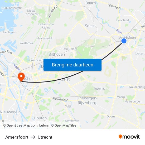 Amersfoort to Utrecht map