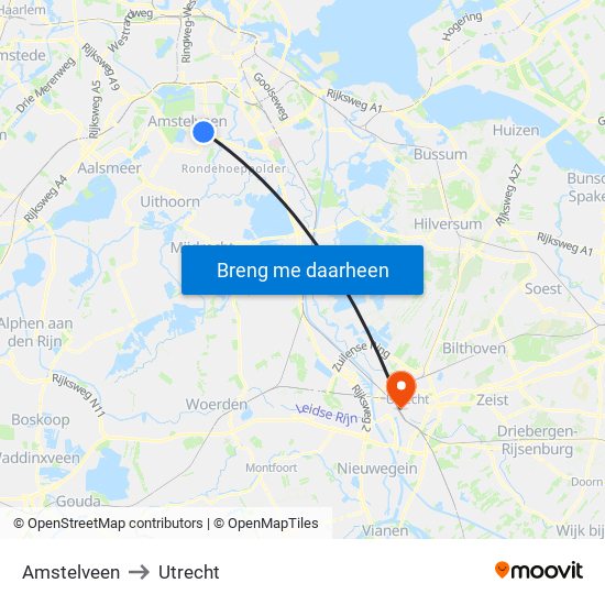 Amstelveen to Utrecht map
