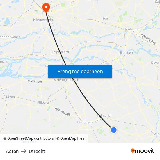 Asten to Utrecht map