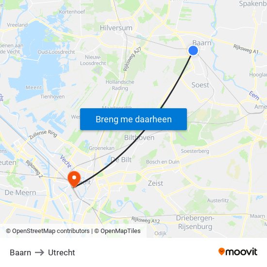 Baarn to Utrecht map