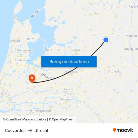 Coevorden to Utrecht map