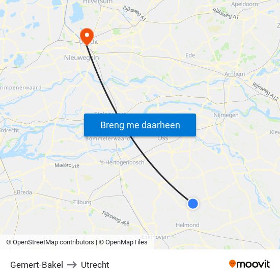 Gemert-Bakel to Utrecht map