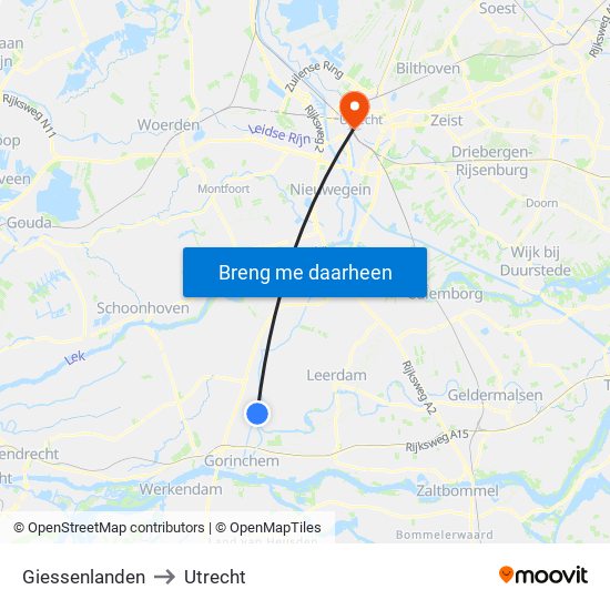 Giessenlanden to Utrecht map