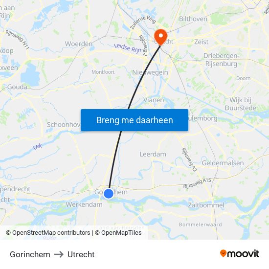 Gorinchem to Utrecht map