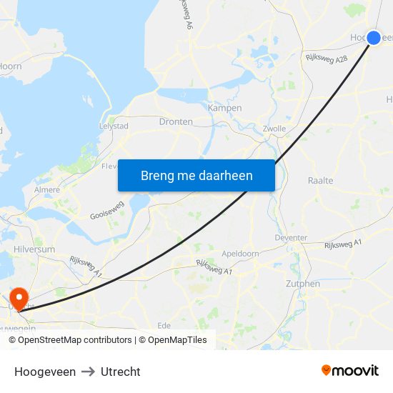 Hoogeveen to Utrecht map