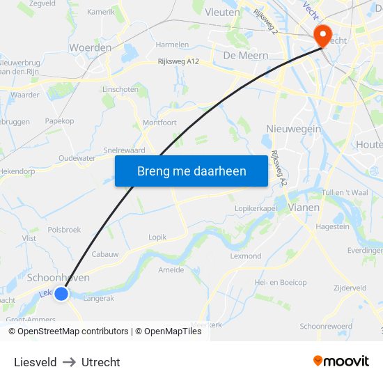 Liesveld to Utrecht map