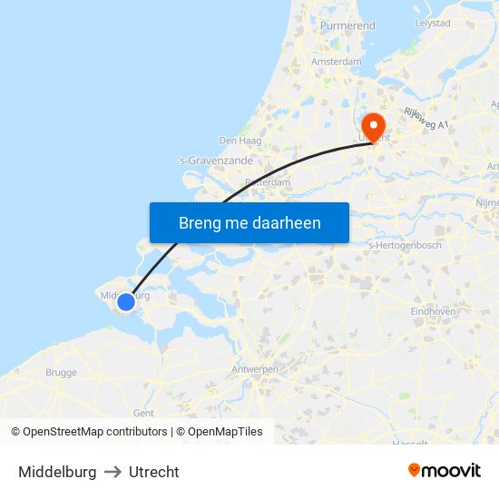 Middelburg to Utrecht map