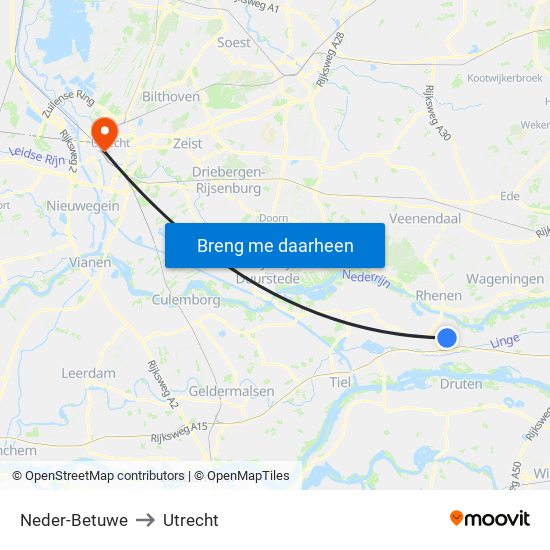 Neder-Betuwe to Utrecht map