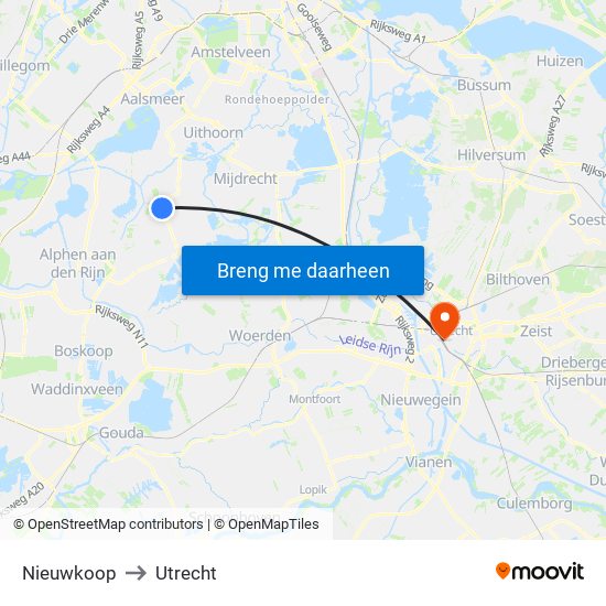 Nieuwkoop to Utrecht map