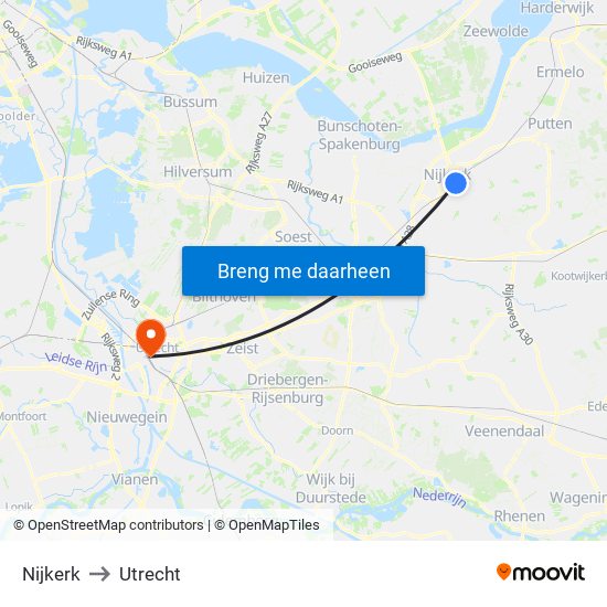 Nijkerk to Utrecht map