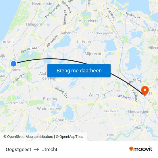 Oegstgeest to Utrecht map