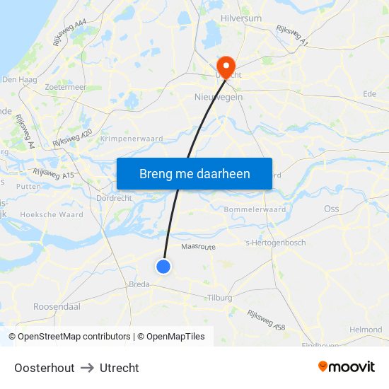 Oosterhout to Utrecht map