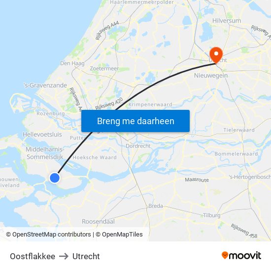 Oostflakkee to Utrecht map