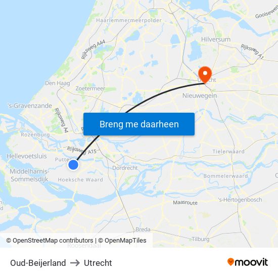 Oud-Beijerland to Utrecht map