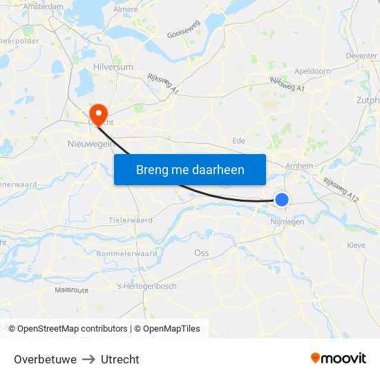 Overbetuwe to Utrecht map