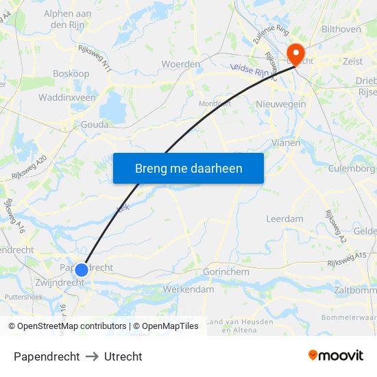 Papendrecht to Utrecht map
