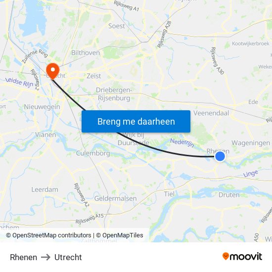 Rhenen to Utrecht map