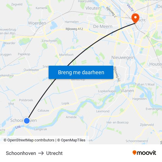 Schoonhoven to Utrecht map
