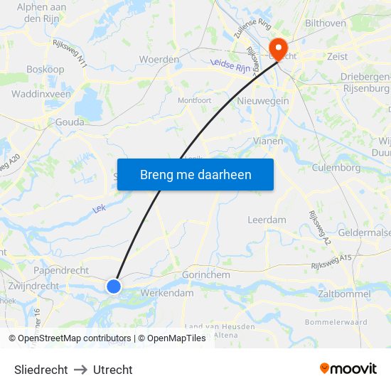 Sliedrecht to Utrecht map