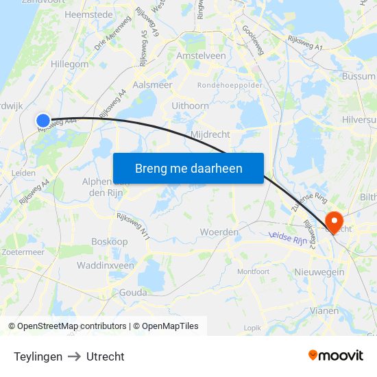 Teylingen to Utrecht map