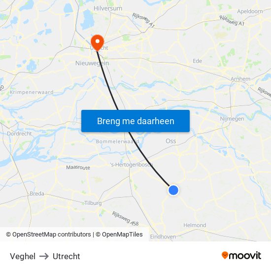 Veghel to Utrecht map