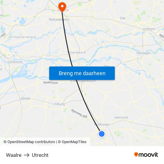 Waalre to Utrecht map