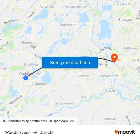 Waddinxveen to Utrecht map