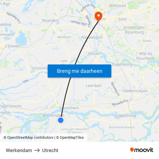 Werkendam to Utrecht map