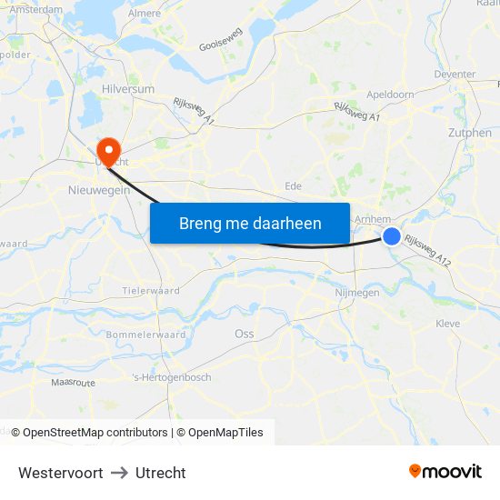 Westervoort to Utrecht map