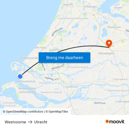 Westvoorne to Utrecht map