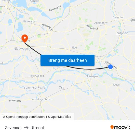 Zevenaar to Utrecht map