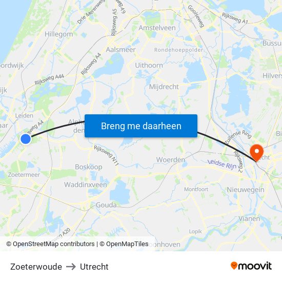 Zoeterwoude to Utrecht map