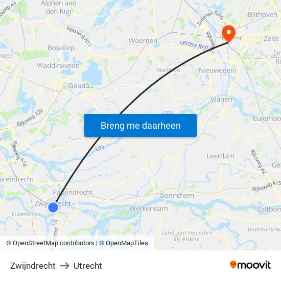 Zwijndrecht to Utrecht map