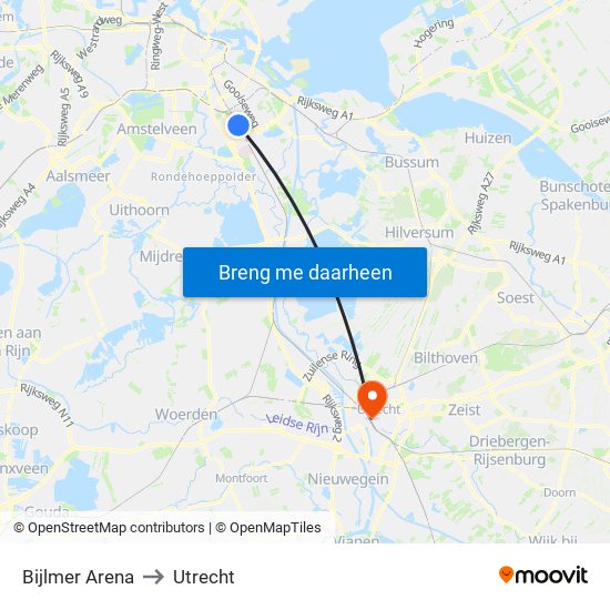 Bijlmer Arena to Utrecht map